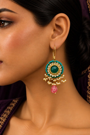 Blue Feroza Pearls Green Center Pink Drop Dangler Earrings