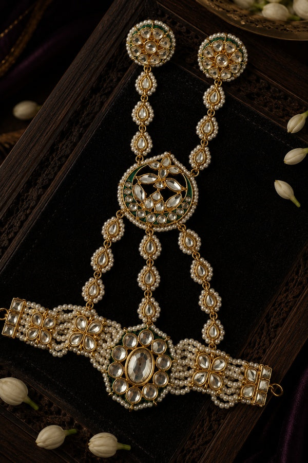 Gold & Green Meenakari Kundan Dual Finger Haathphool