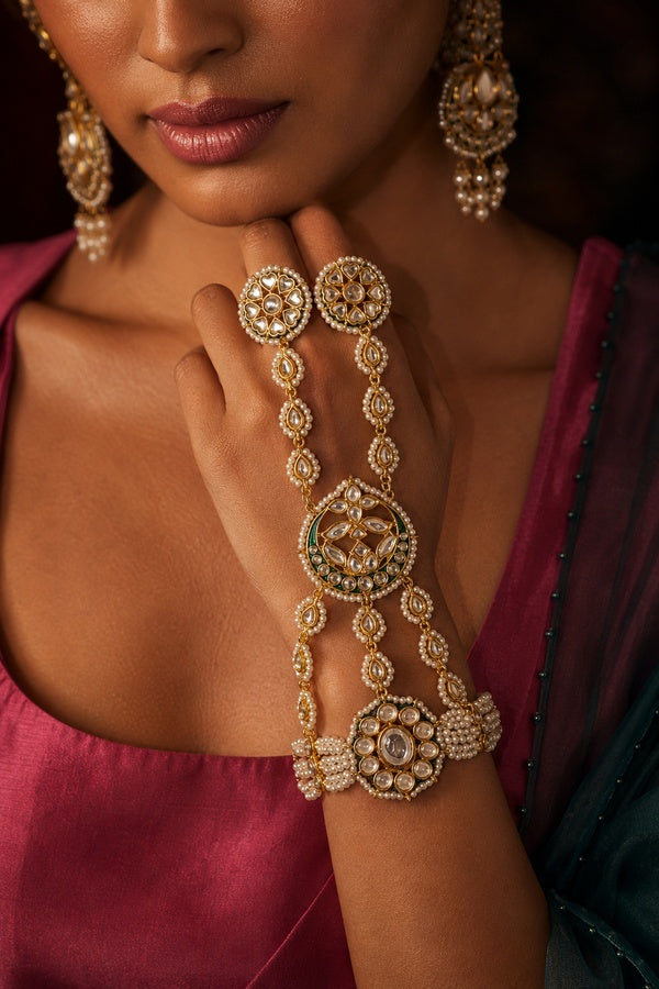 Gold & Green Meenakari Kundan Dual Finger Haathphool