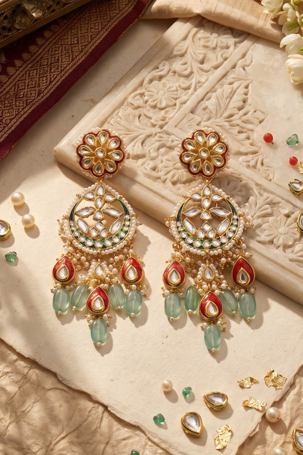 Red & Green Kundan Chandbali Earrings