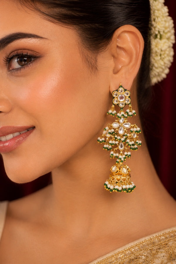 White Flower Pearl & Kundan Jhumki Earrings