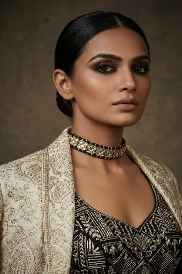 Black Thread White Kundan Choker