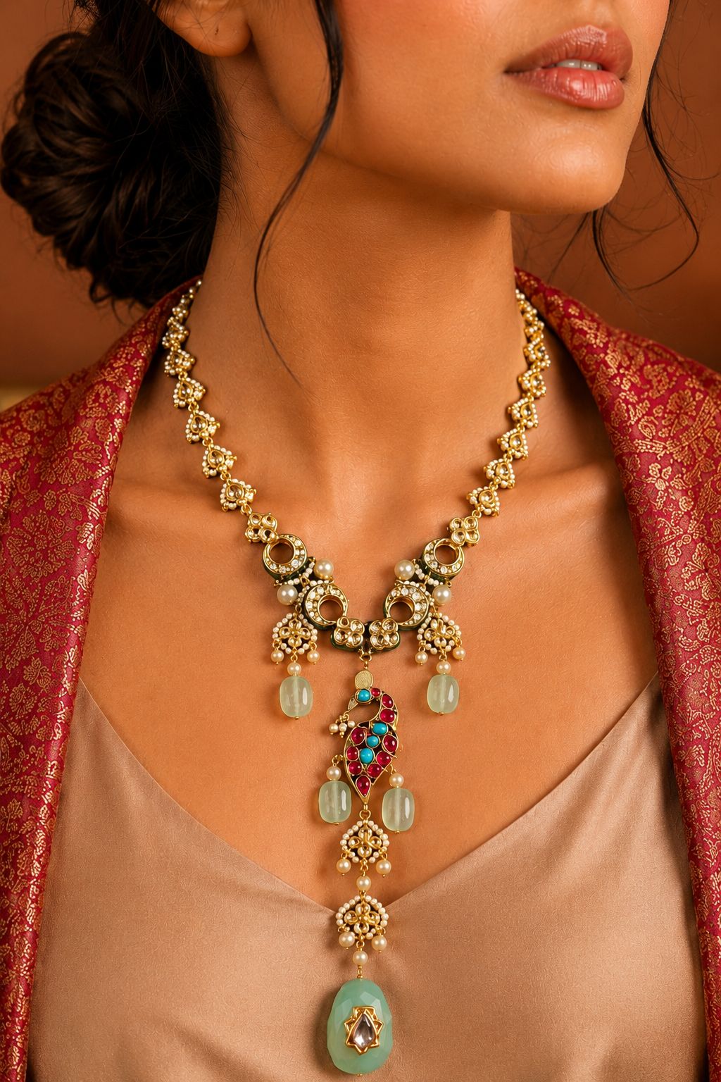 Peacock Kundan Long Necklace With Green Stone Drops