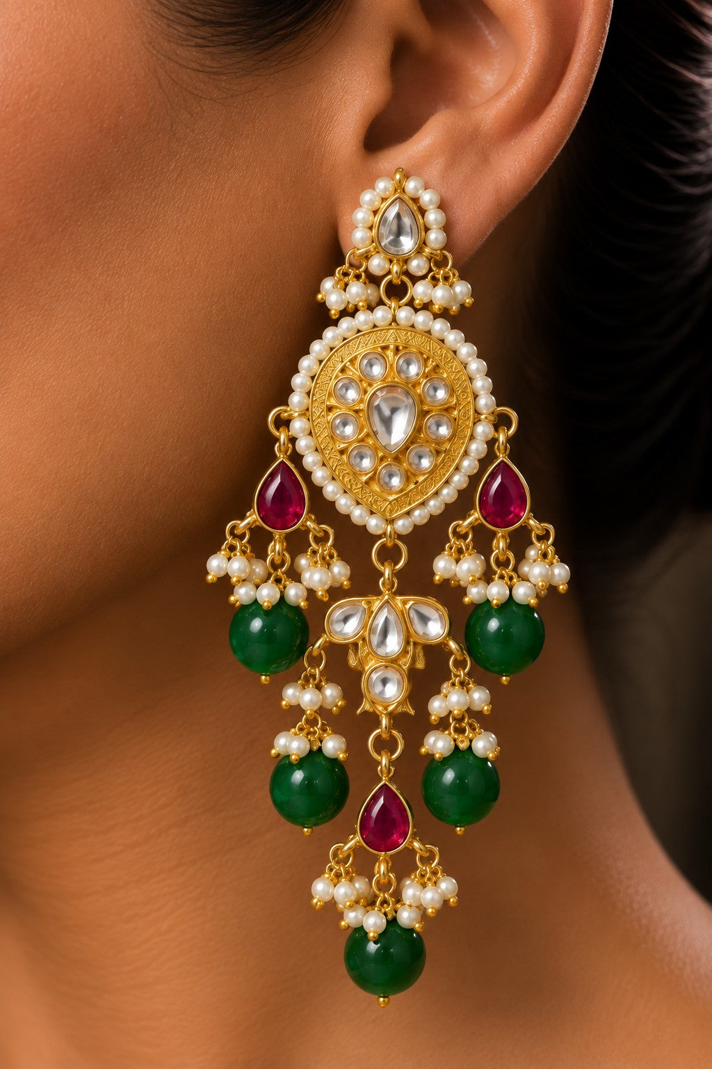 White Pearls with Red & Green Stone Kundan Earrings