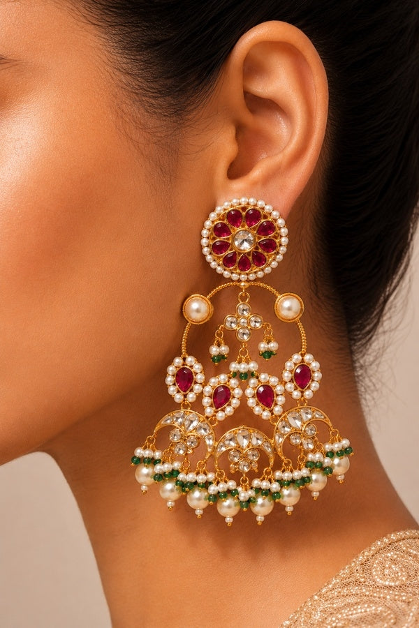 Statement Red Kundan Pearl Drops Chandbali