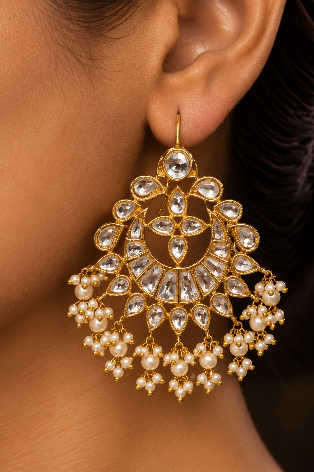 Gold & White Kundan Chandbali Earrings