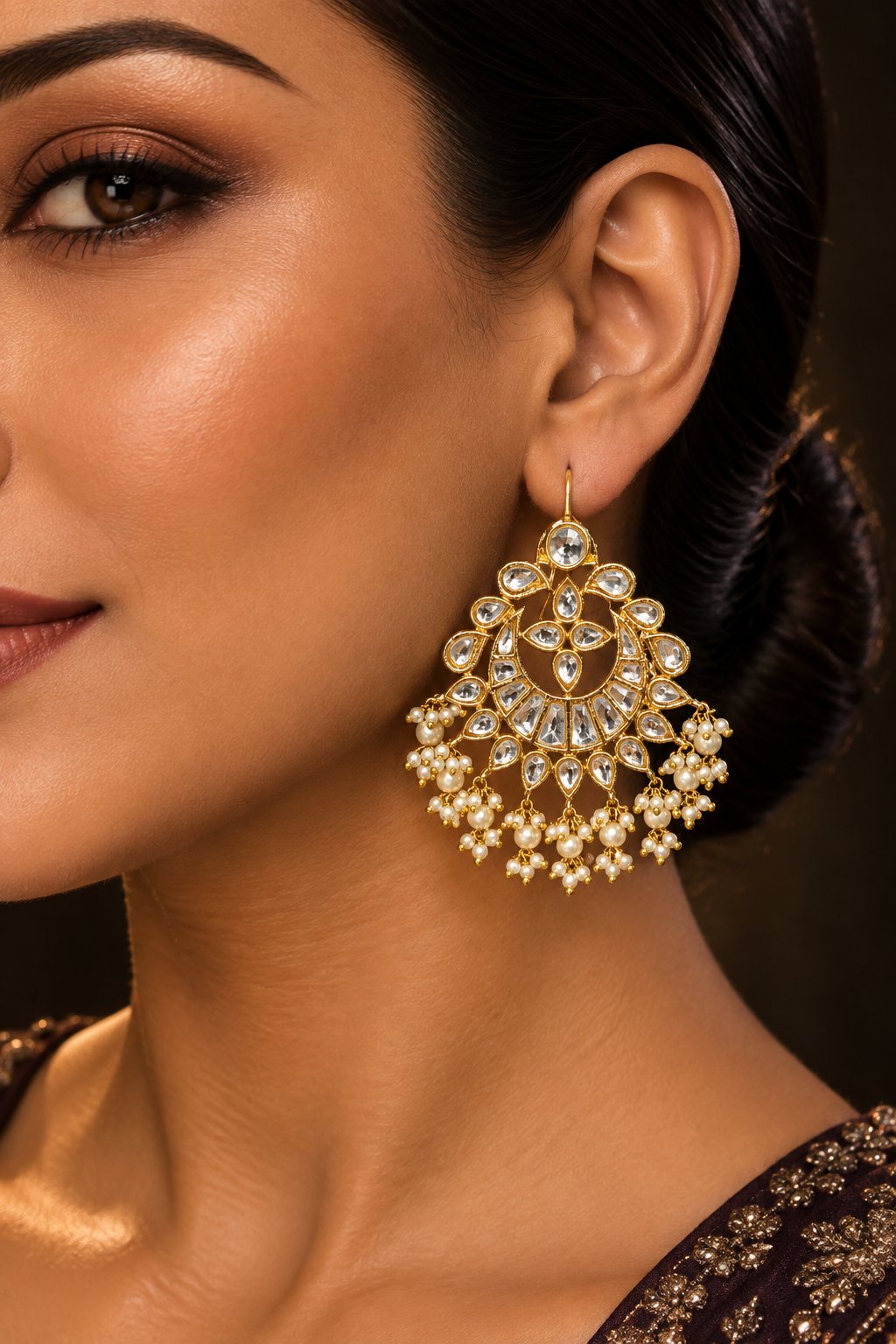 Gold & White Kundan Chandbali Earrings