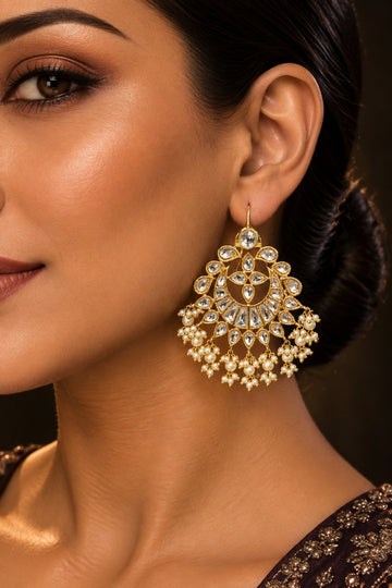 Gold & White Kundan Chandbali Earrings