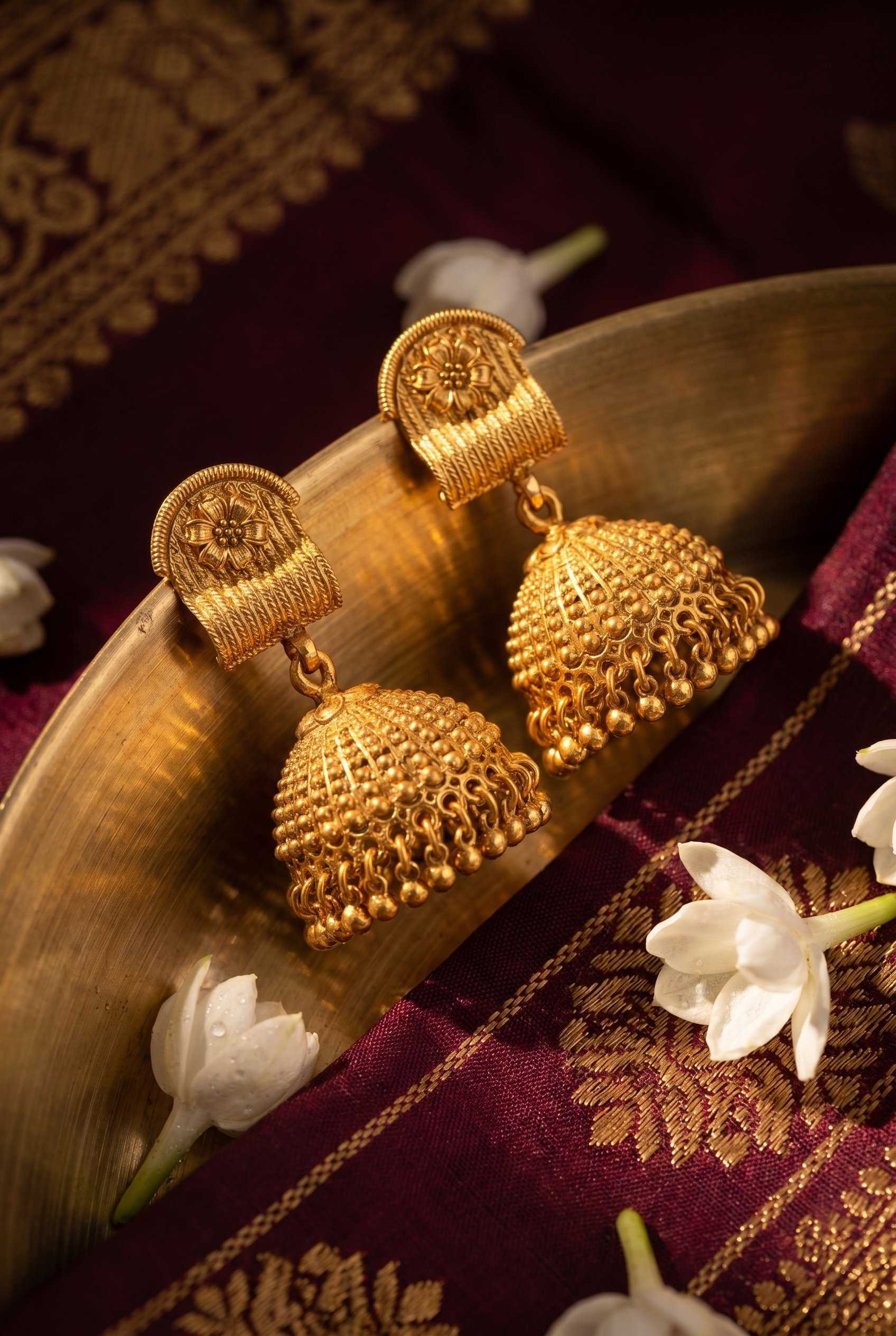 Golden Regal Jhumki With Golden Beads Earrings