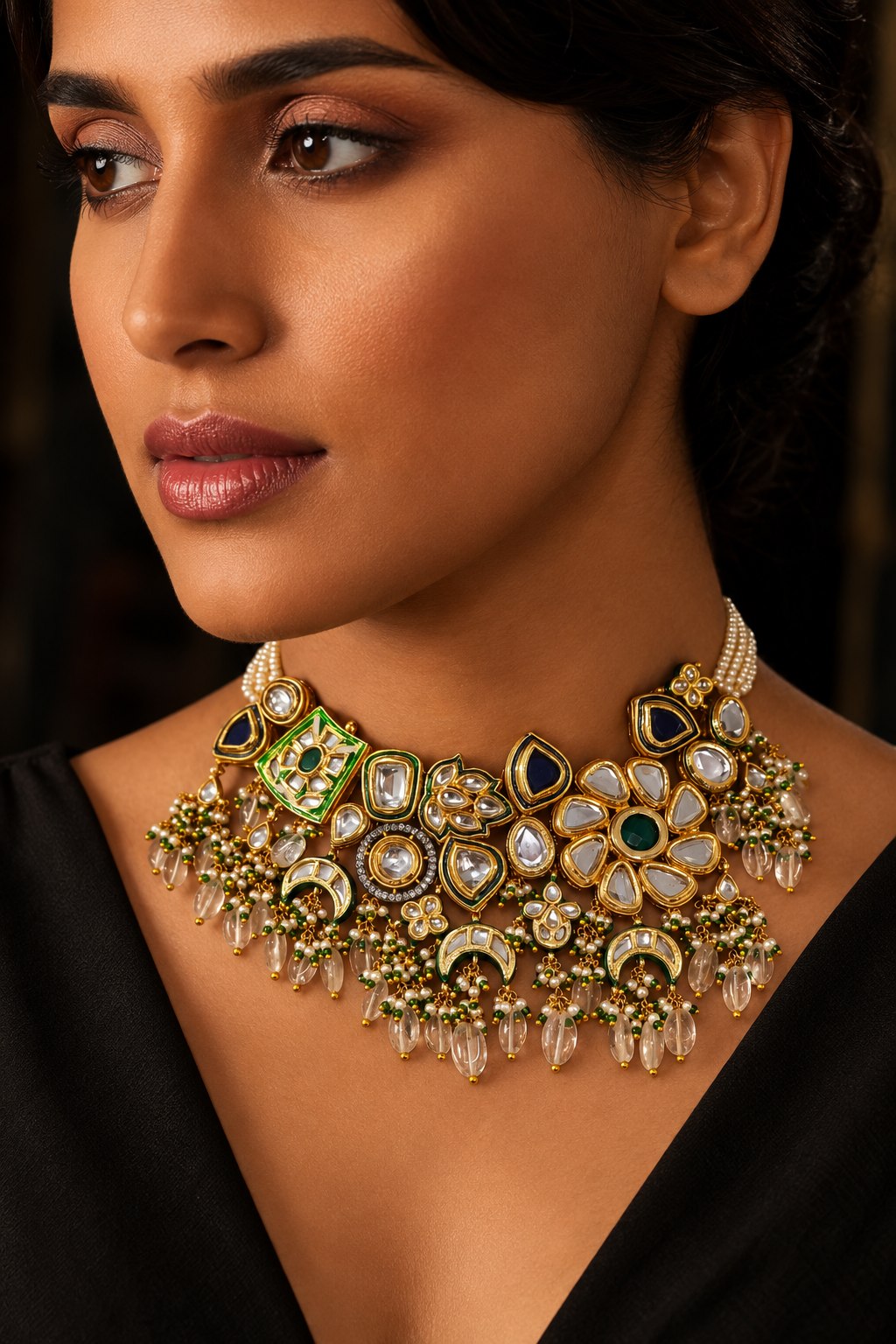 Earthy Blue & Green Kundan with Pearls Choker Necklace
