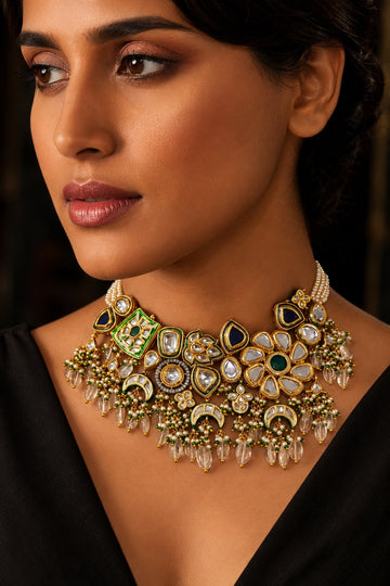 Earthy Blue & Green Kundan with Pearls Choker Necklace