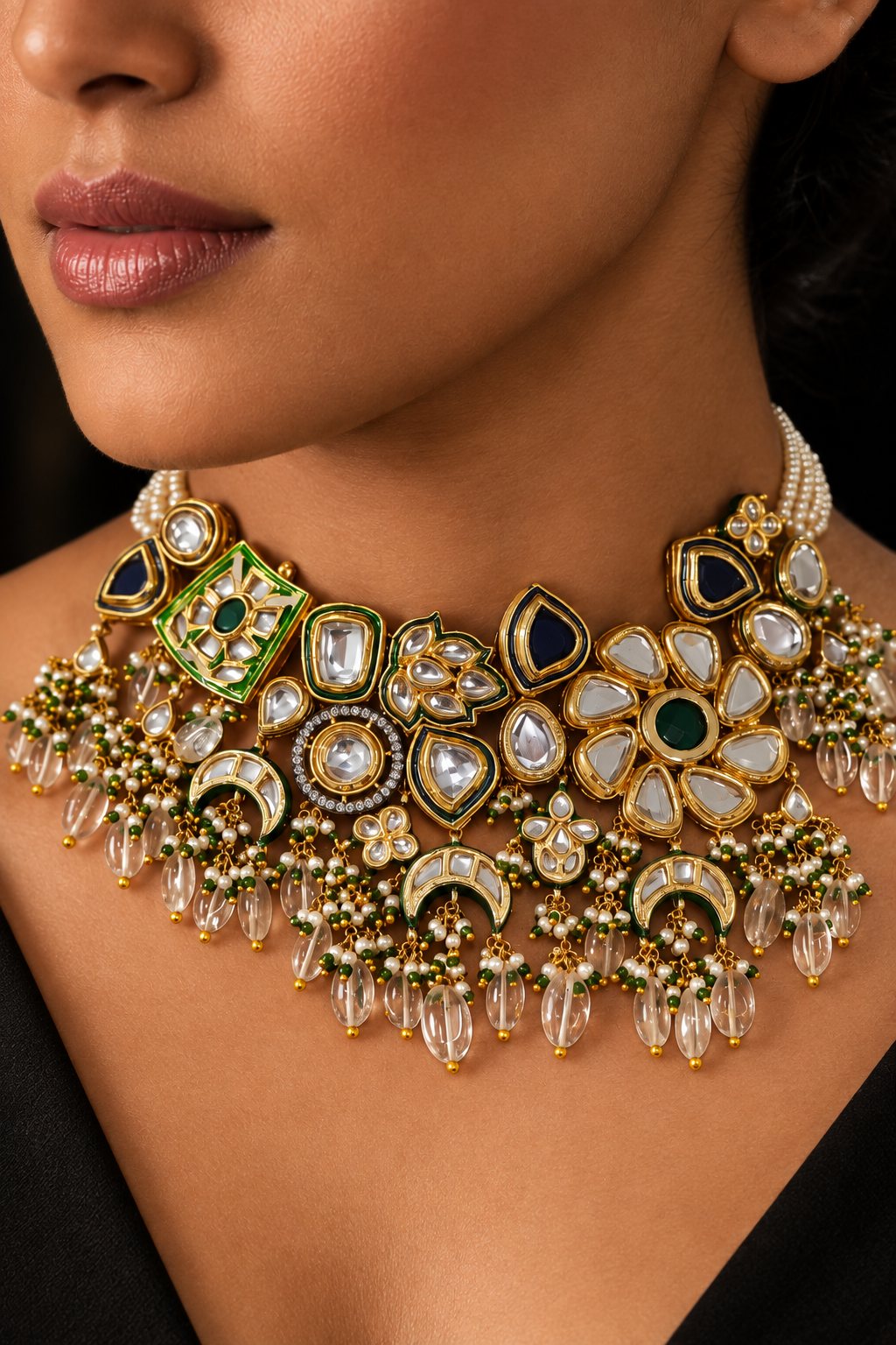 Earthy Blue & Green Kundan with Pearls Choker Necklace