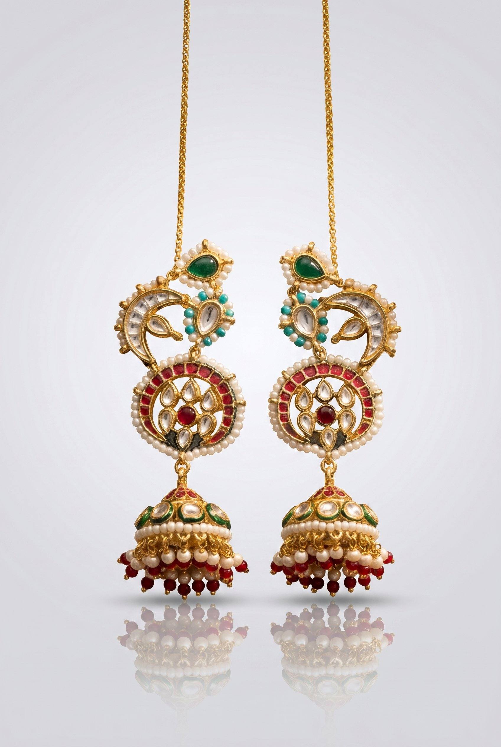 Red Green Kundan Feroza & White Pearls Jhumki Earrings