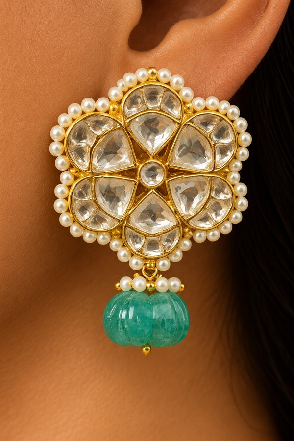 Gold & White Flower With Pearls Green Drop Earrings