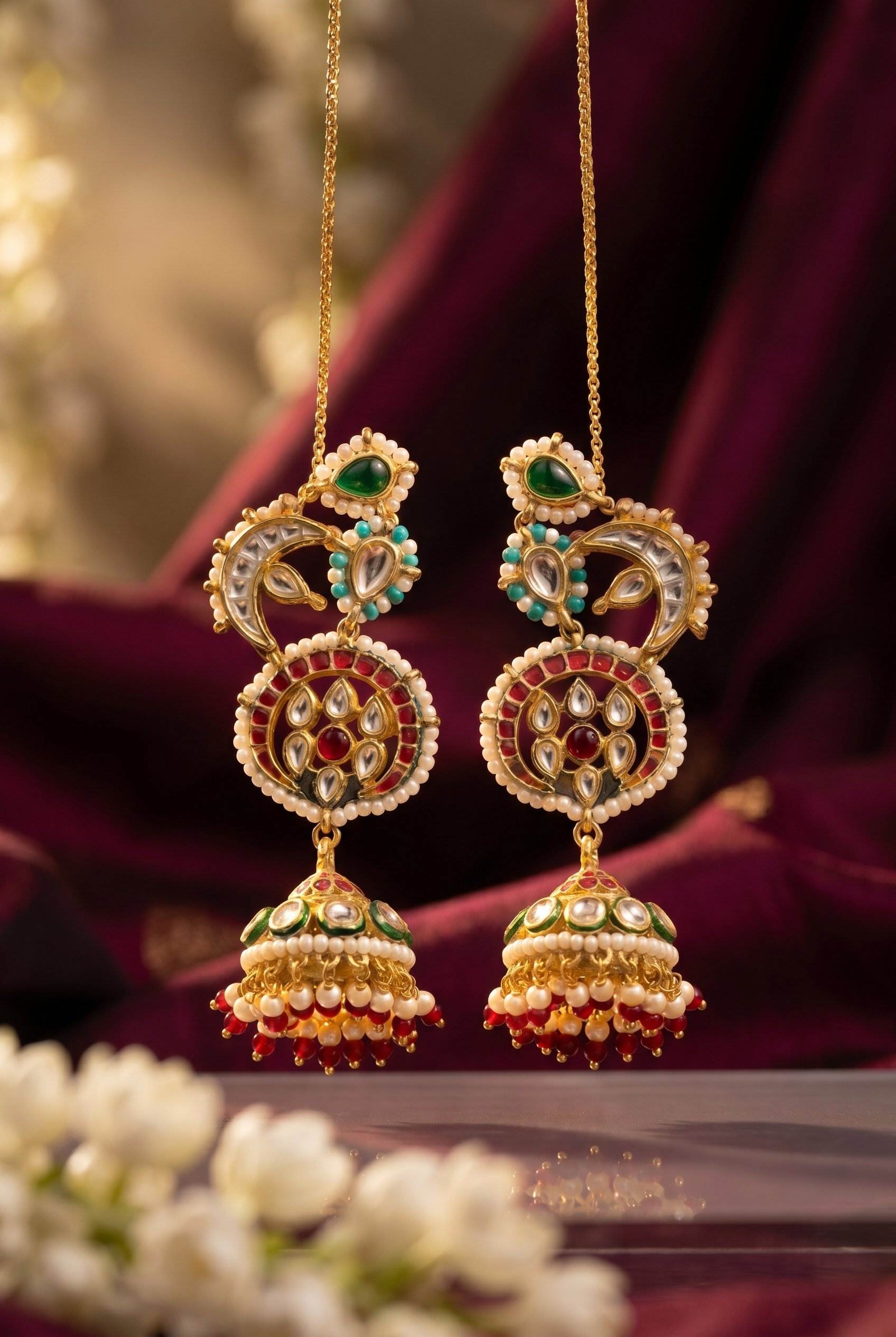 Red Green Kundan Feroza & White Pearls Jhumki Earrings