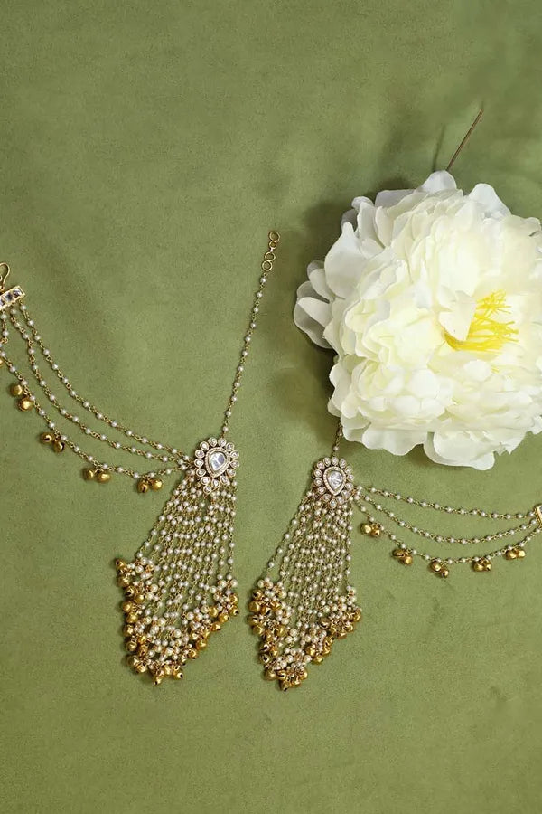 Loaded Gold Beads Kundan Dangler Earrings With Attached Kaan Saharas