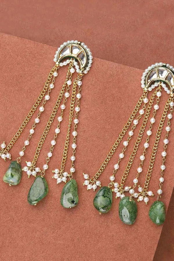 Gold Finish Emerald Lunar Kundan Pearl Dangler Earrings