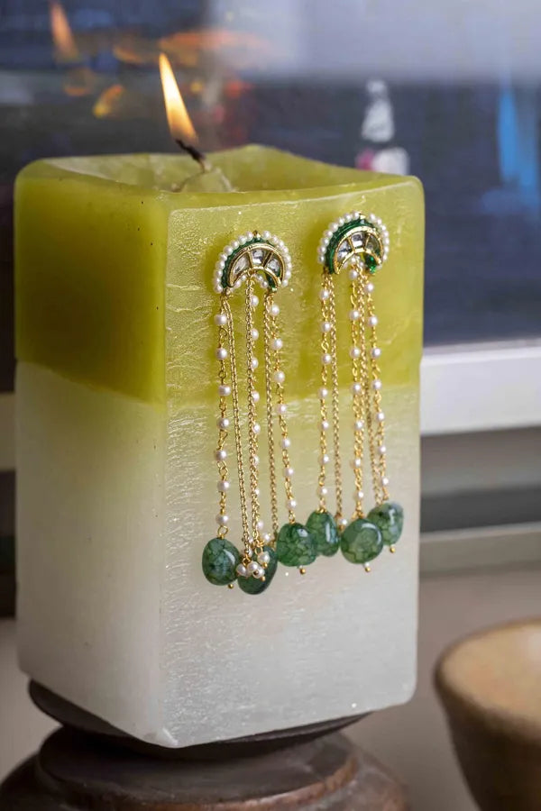 Gold Finish Emerald Lunar Kundan Pearl Dangler Earrings