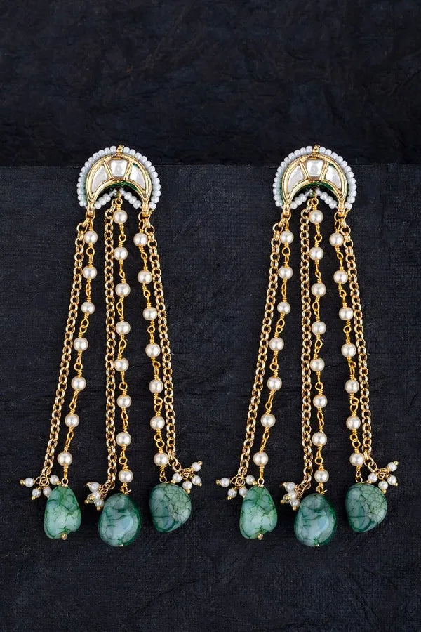 Gold Finish Emerald Lunar Kundan Pearl Dangler Earrings