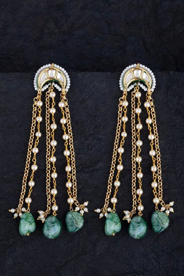 Gold Finish Emerald Lunar Kundan Pearl Dangler Earrings