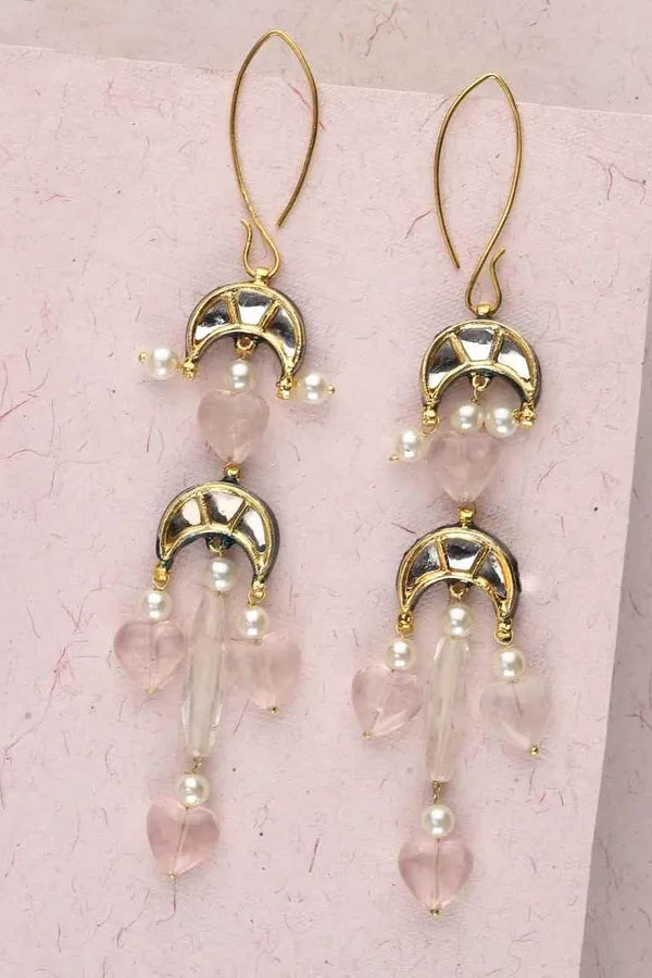 Rose Quartz Pearl and Kundan Earrings