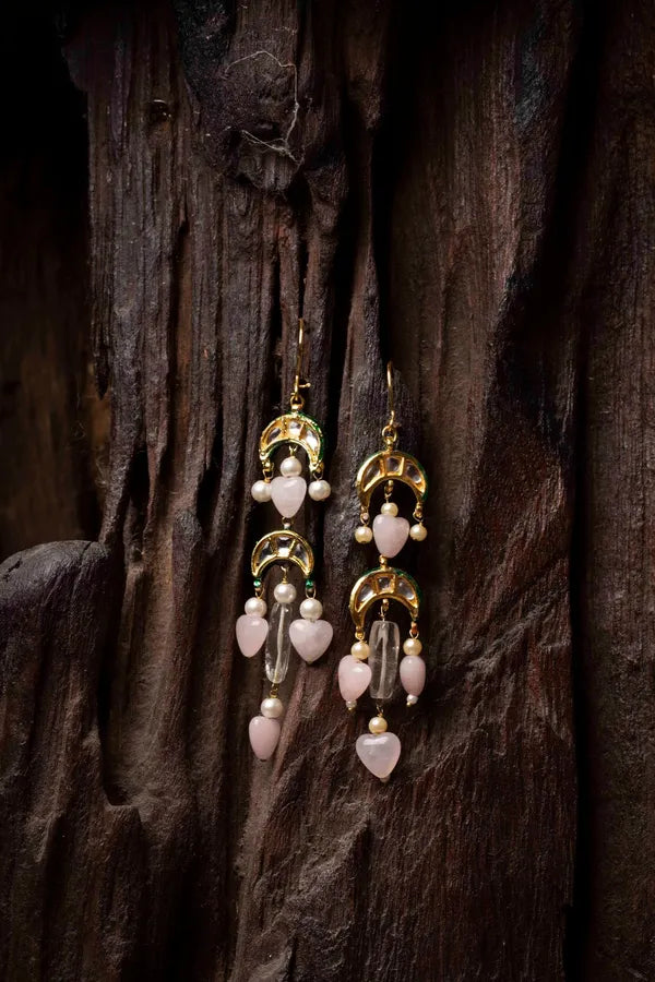 Rose Quartz Pearl and Kundan Earrings