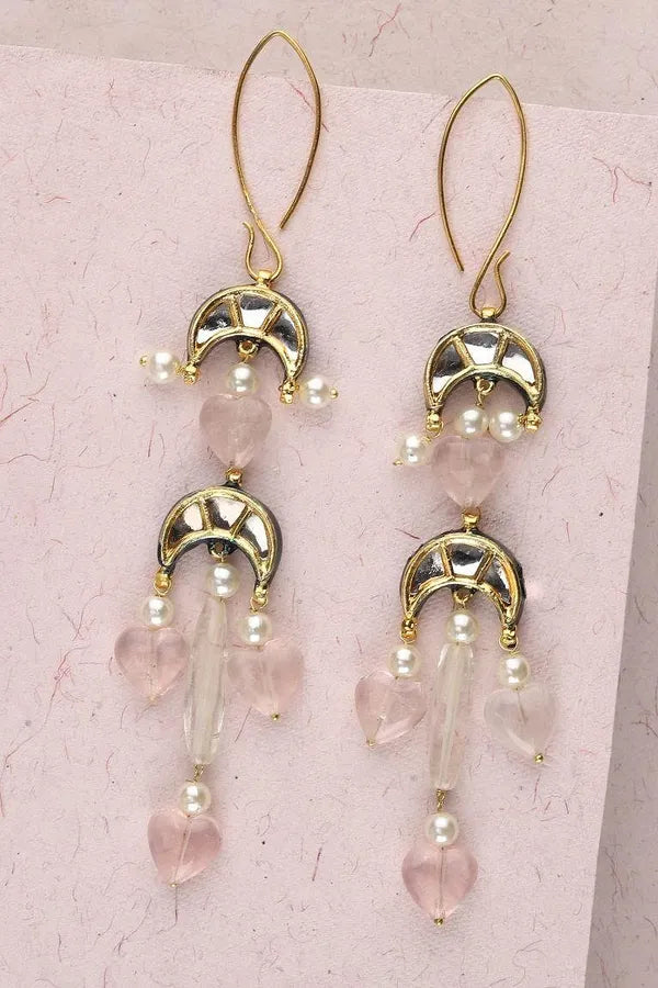 Rose Quartz Pearl and Kundan Earrings