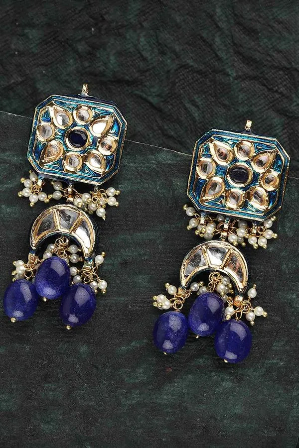 Gold Finish Royal Blue Meenakari Kundan Earrings
