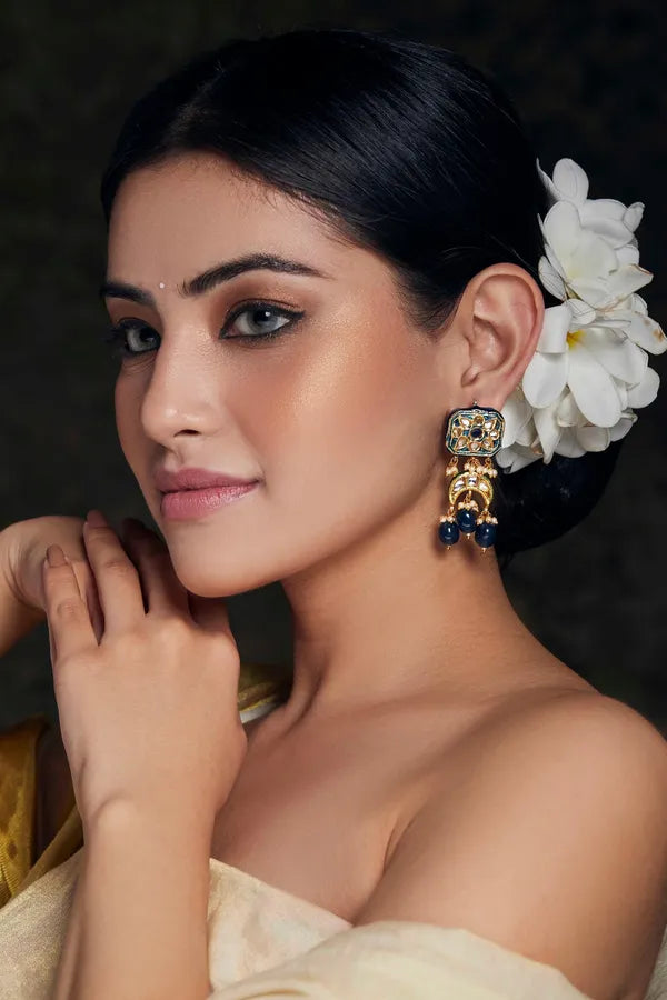 Gold Finish Royal Blue Meenakari Kundan Earrings