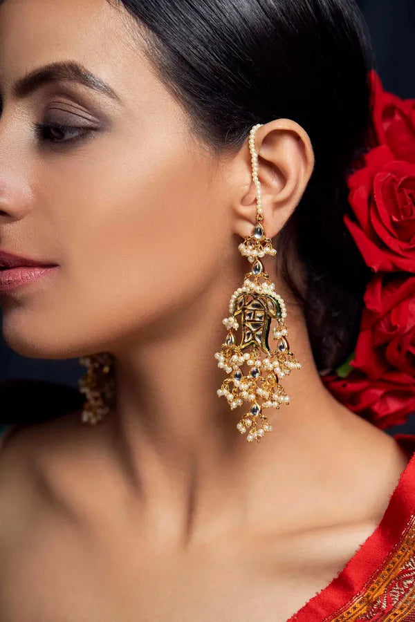 Gold Finish Pearl Kundan Fish Earrings