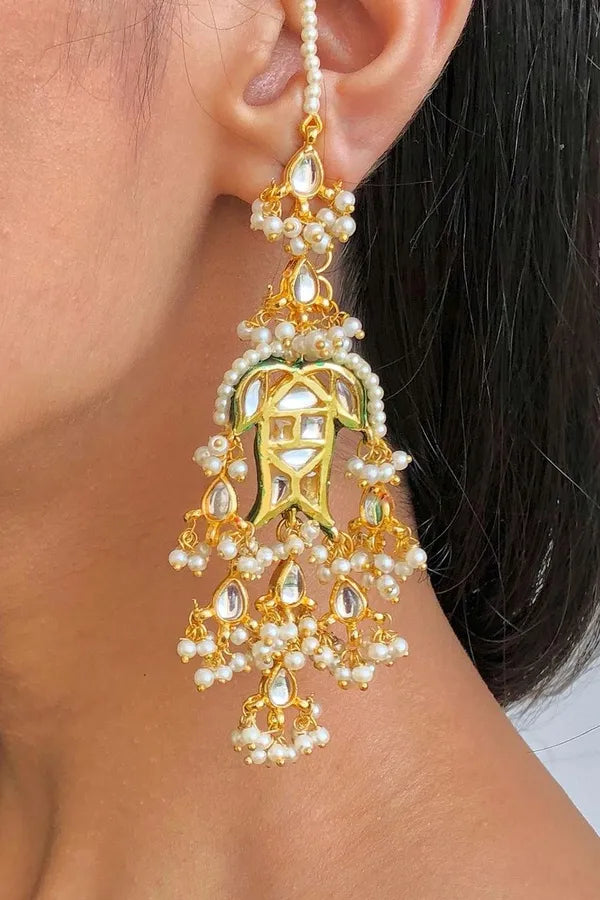 Gold Finish Pearl Kundan Fish Earrings