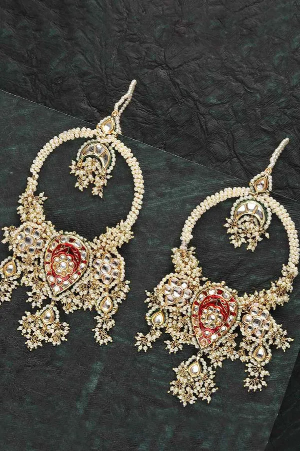 Guldasta Red Meenakari with Pearls Kundan Chandbali Earrings