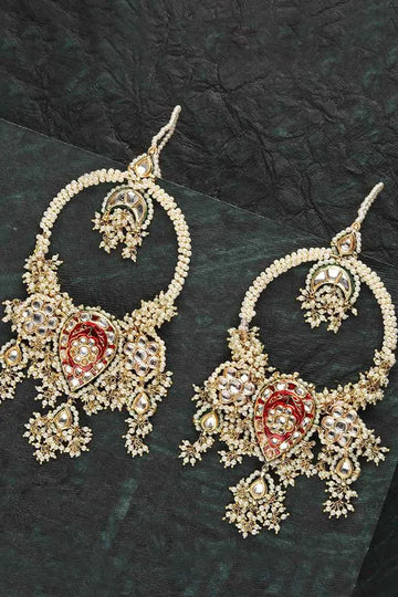 Guldasta Red Meenakari with Pearls Kundan Chandbali Earrings