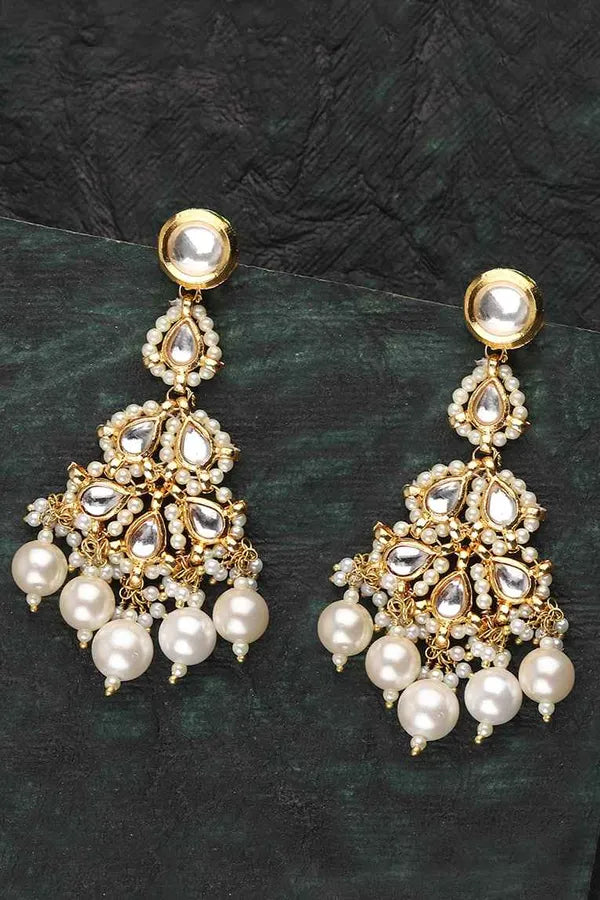 White Pearl & Kundan Chandelier Earrings