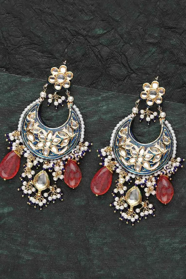 Blue Meenakari with Pearls Chandbali Earrings