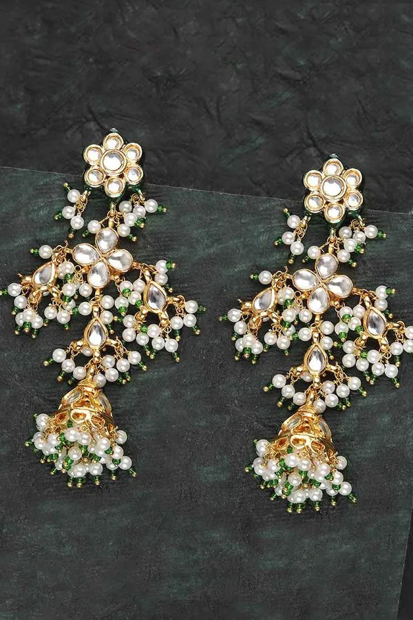 White Flower Pearl & Kundan Jhumki Earrings