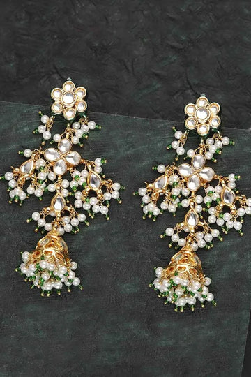 White Flower Pearl & Kundan Jhumki Earrings