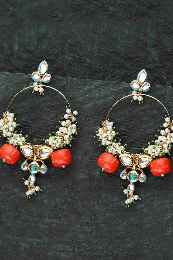 Coral & Turquoise Gold Finish Pearl & Kundan Chandbali Earrings