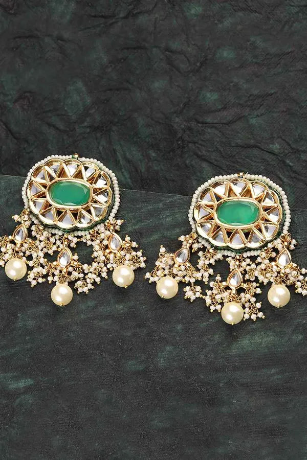 Pearled Green & White Kundan Earrings