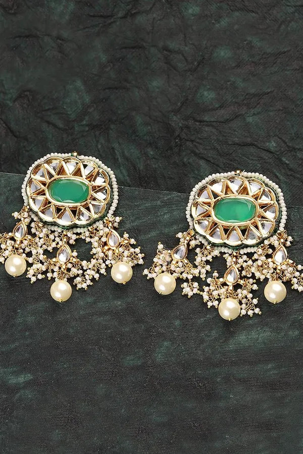 Pearled Green & White Kundan Earrings