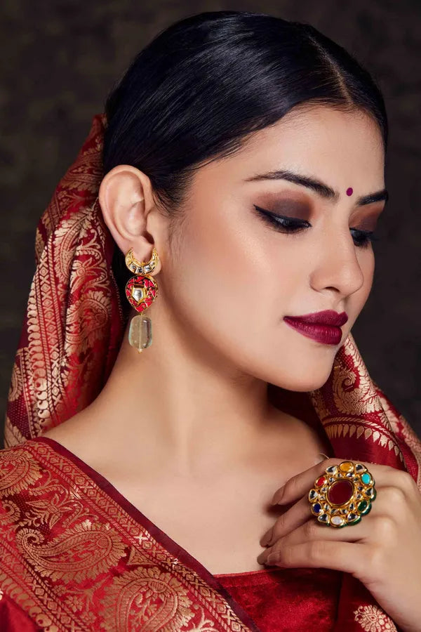 Red Crescent Barium Drop Earrings