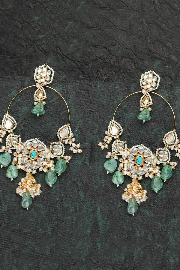 Textured Pale Green Kundan Chandbali Earrings