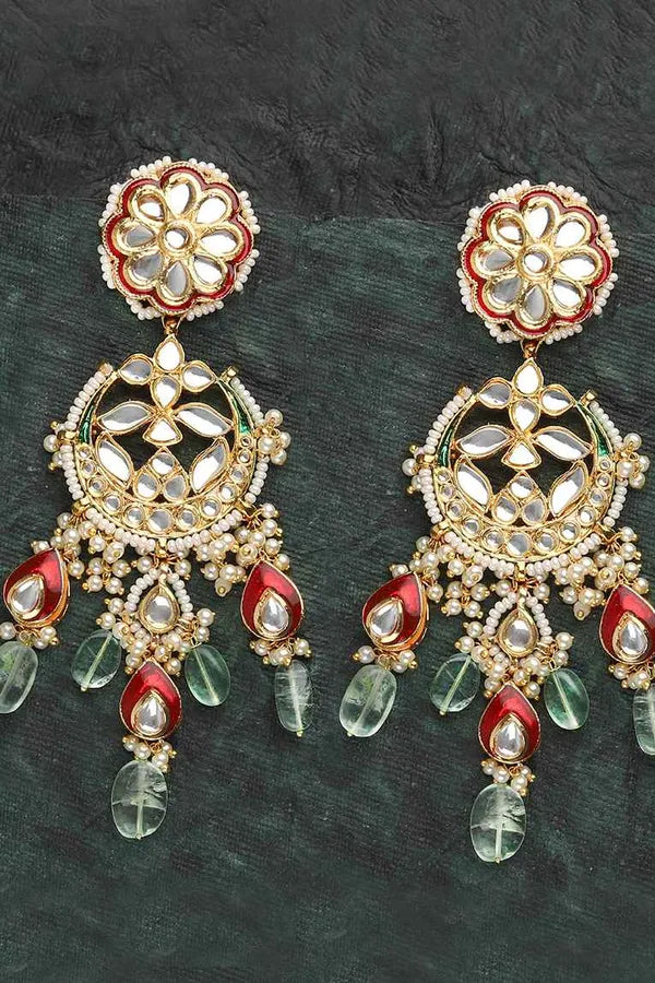 Red & Green Kundan Chandbali Earrings