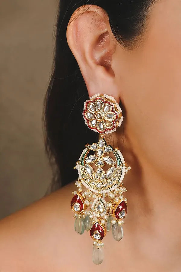 Red & Green Kundan Chandbali Earrings