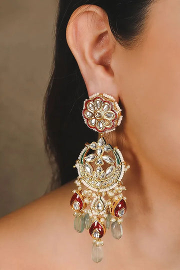 Red & Green Kundan Chandbali Earrings