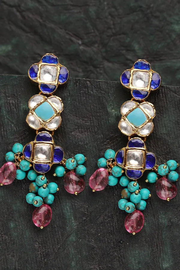 Tourmaline & Blue Stones Jadai Work Kundan Earrings