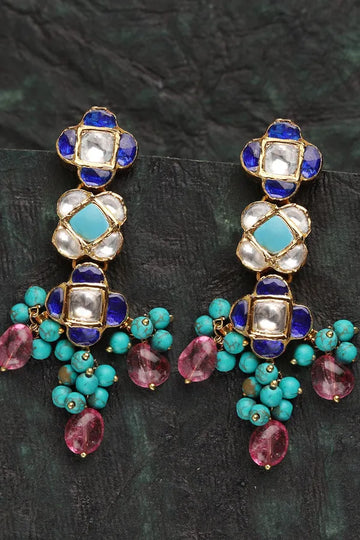 Tourmaline & Blue Stones Jadai Work Kundan Earrings