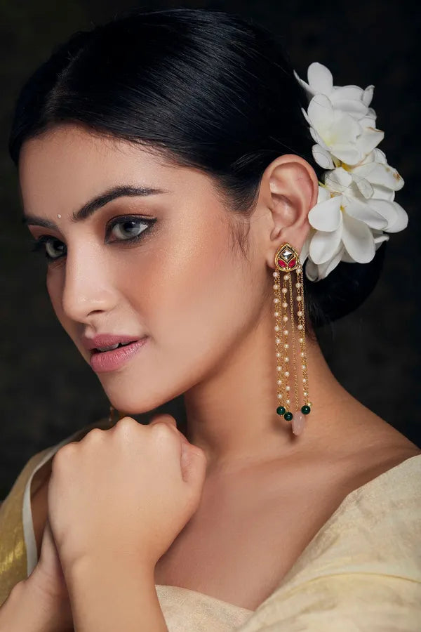 Pink & White Kundan with Rose Quartz Drop Earrings