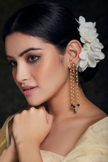Pink & White Kundan with Rose Quartz Drop Earrings