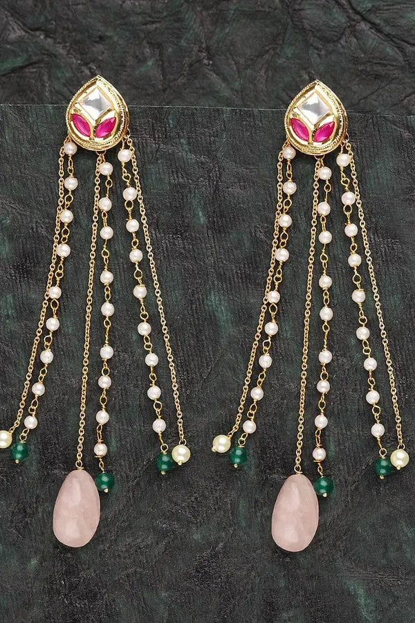 Pink & White Kundan with Rose Quartz Drop Earrings